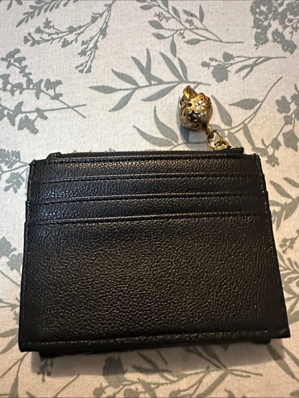Betsey Johnson Black Floral Skull Zip Card Wallet with Gold Frame Accent